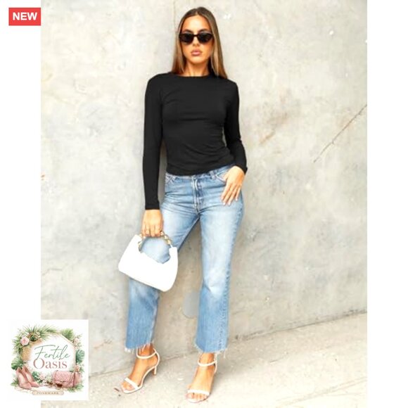 Long Sleeve Crop Top Slim Fit Y2K Casual Basic Tee Tight Going Out Shirt - Picture 5 of 6